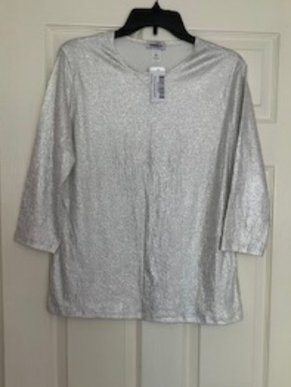Kosher Casual 3/4 Sleeve Modest Crew Neckline Tope in White with Silver Shimmer